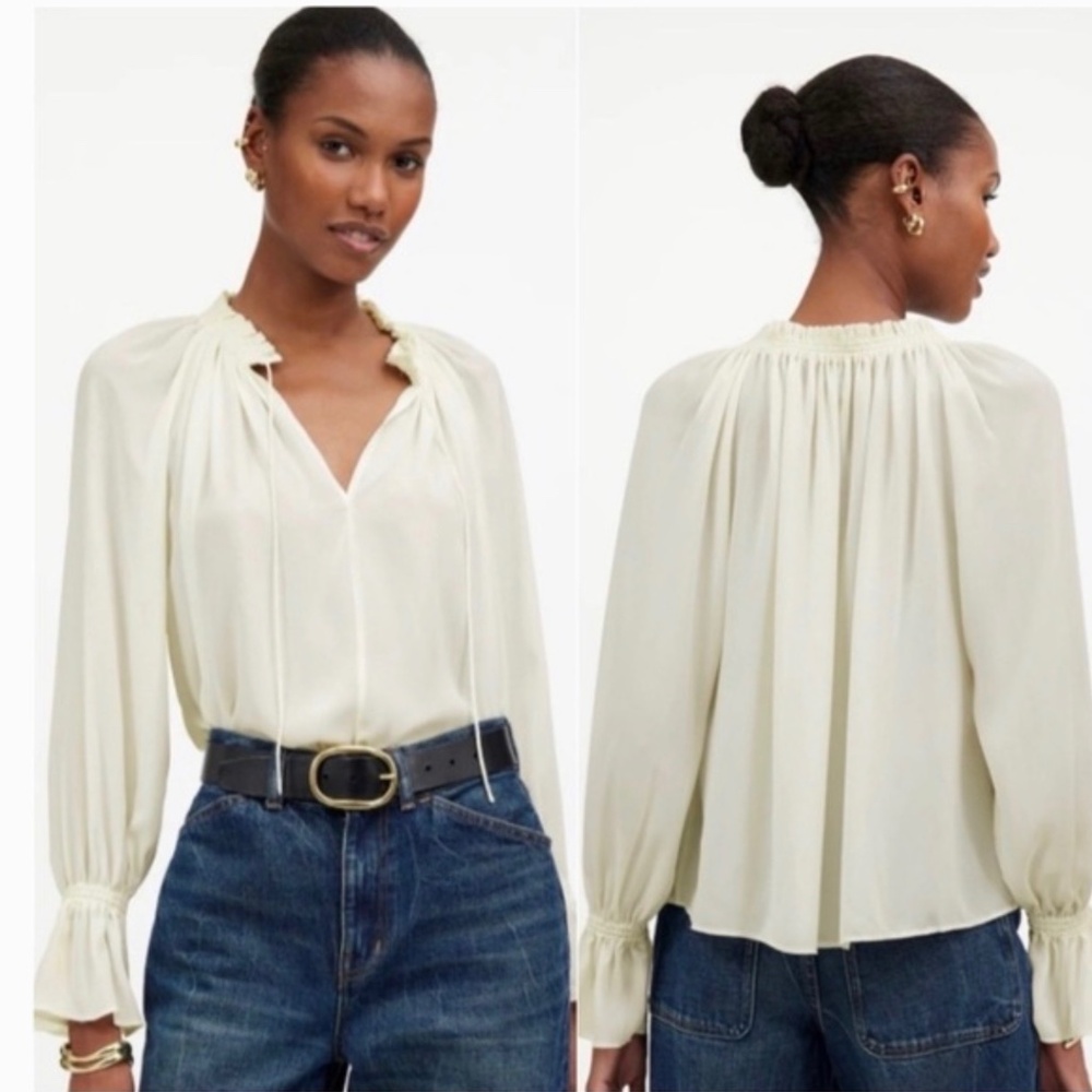 Madewell-Long sleeve tie neck top in white